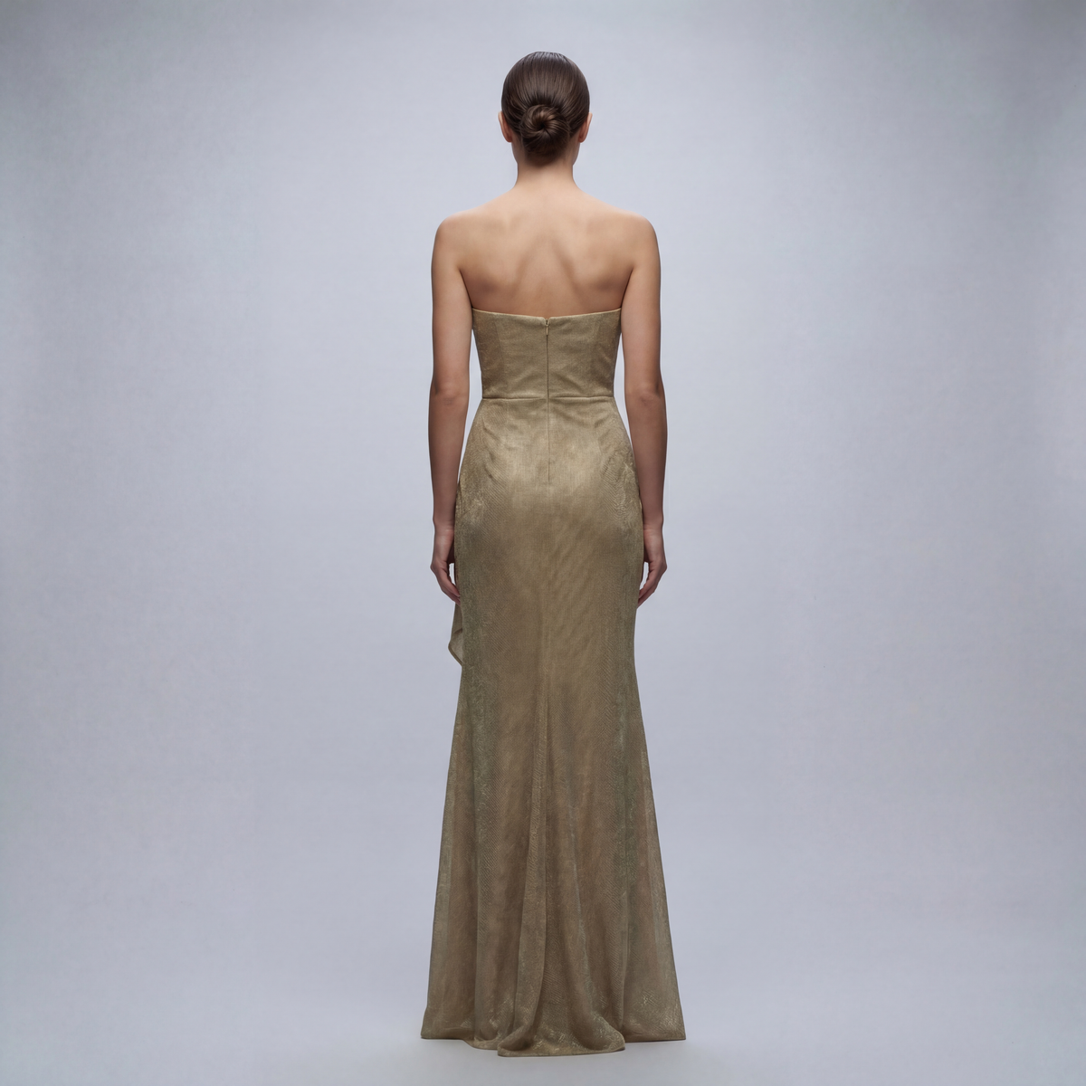 Strapples Draped Ruffle Gown