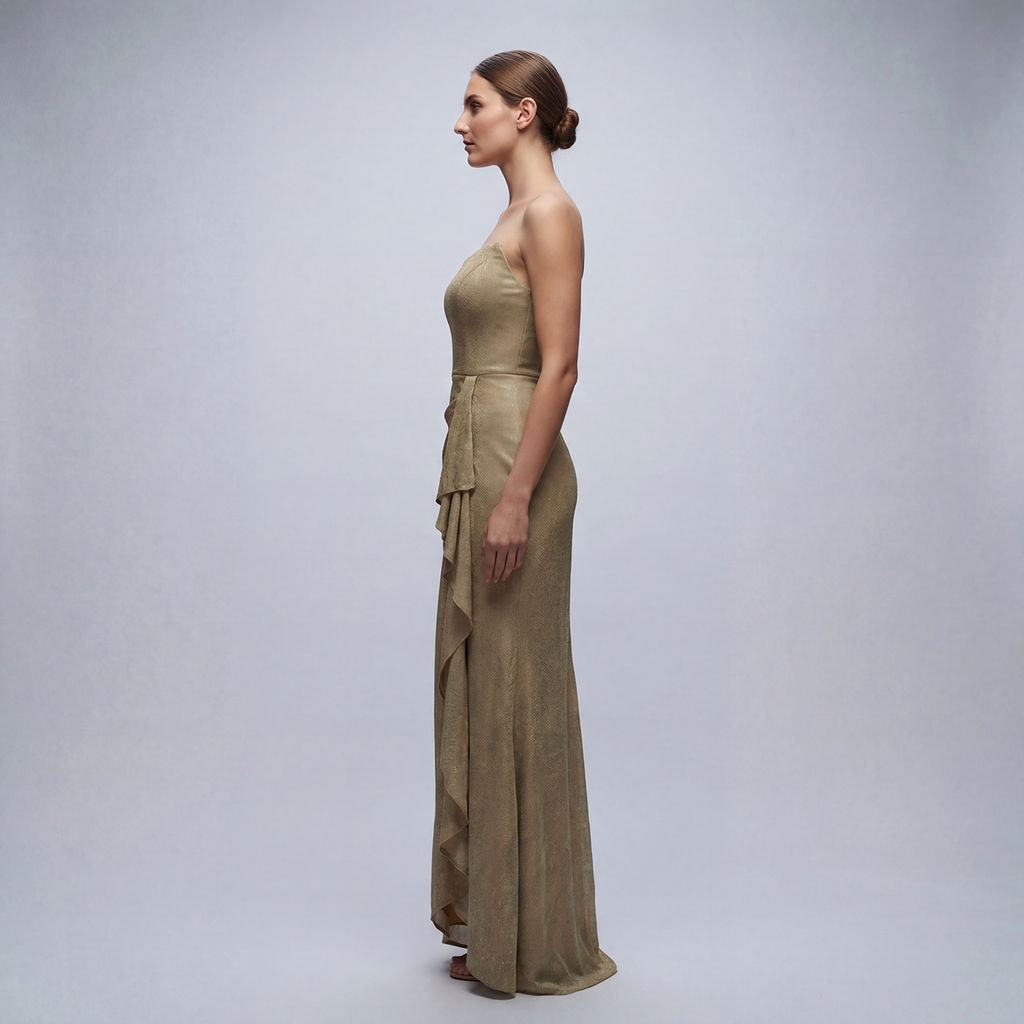 Strapples Draped Ruffle Gown