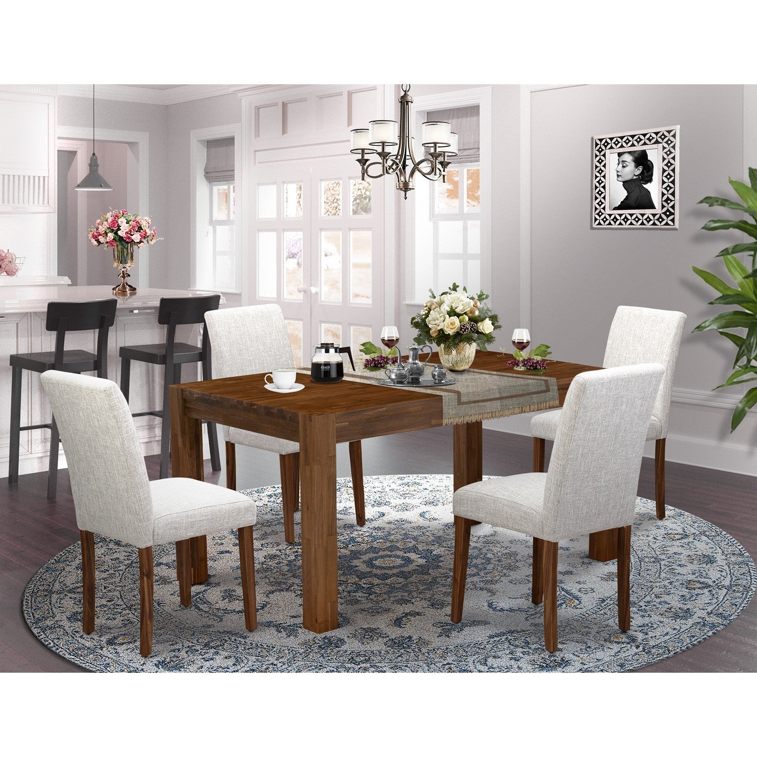 EAST WEST FURNITURE - CNAB5-NN-35 - 5-Pc Dining Table Set- 4 Dining Chairs and Rectangular Dining Table - Doeskin Linen Fabric Seat and High Chair Back (Antique Walnut Finish)