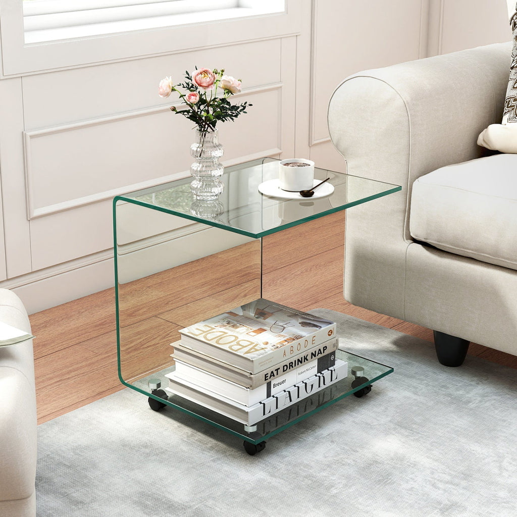 C-Shaped End Table Modern Tempered Glass Side Table with Shelf
