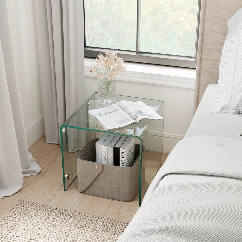 C-Shaped End Table Modern Tempered Glass Side Table with Shelf