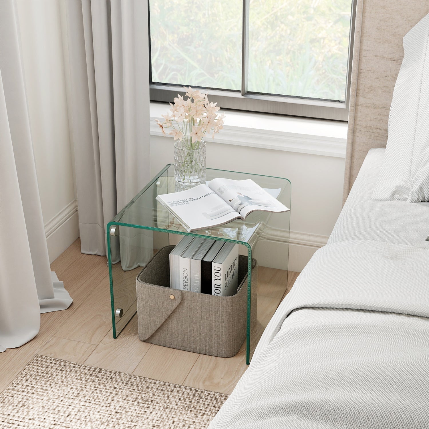 C-Shaped End Table Modern Tempered Glass Side Table with Shelf