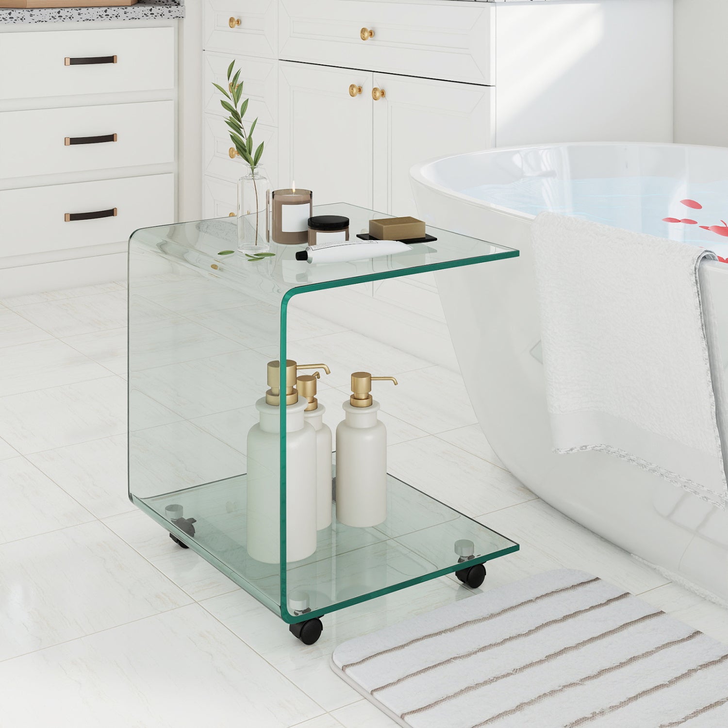 C-Shaped End Table Modern Tempered Glass Side Table with Shelf