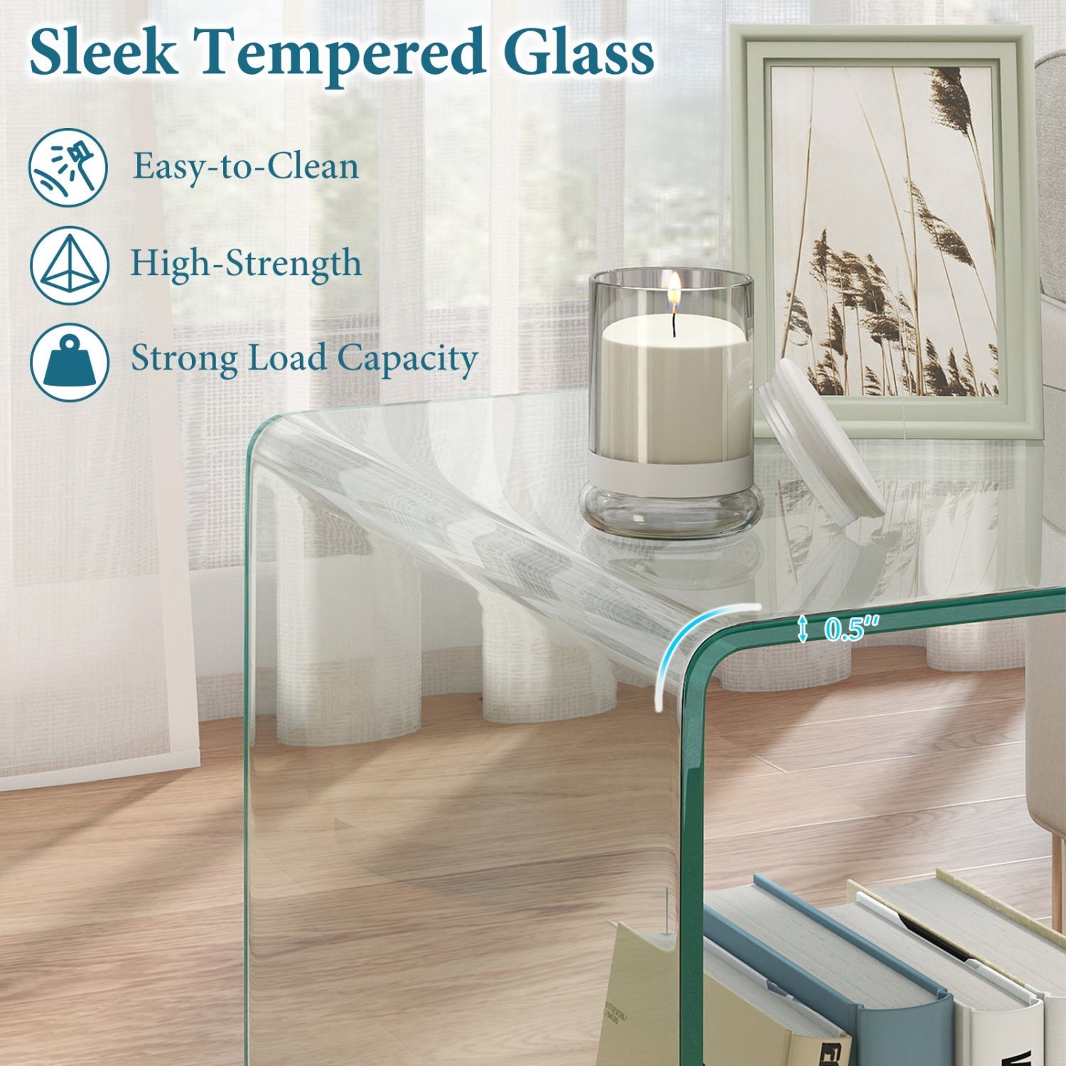 C-Shaped End Table Modern Tempered Glass Side Table with Shelf