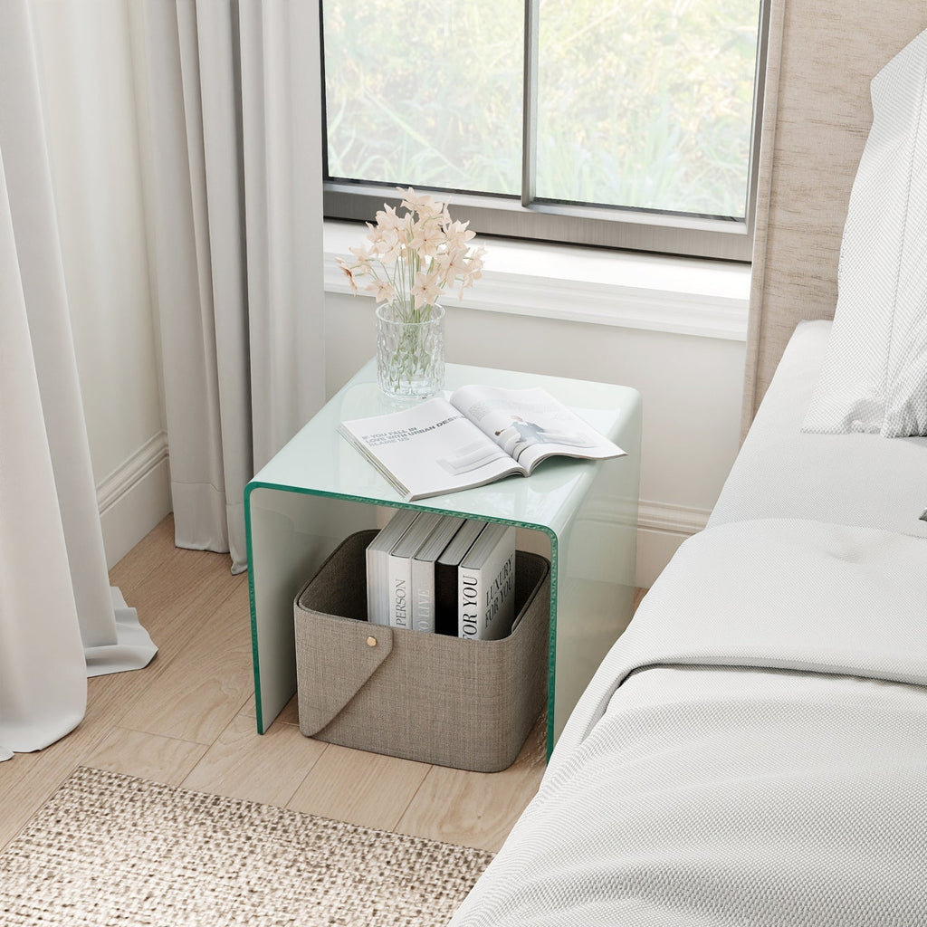 C-Shaped End Table Modern Tempered Glass Side Table with Shelf