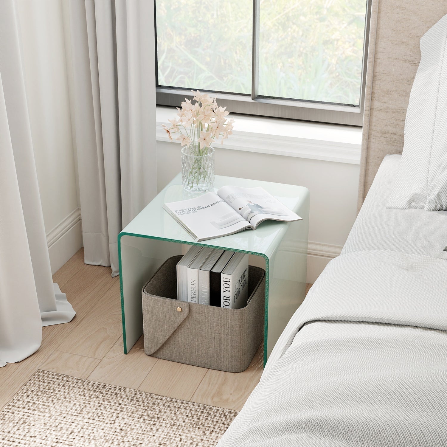 C-Shaped End Table Modern Tempered Glass Side Table with Shelf