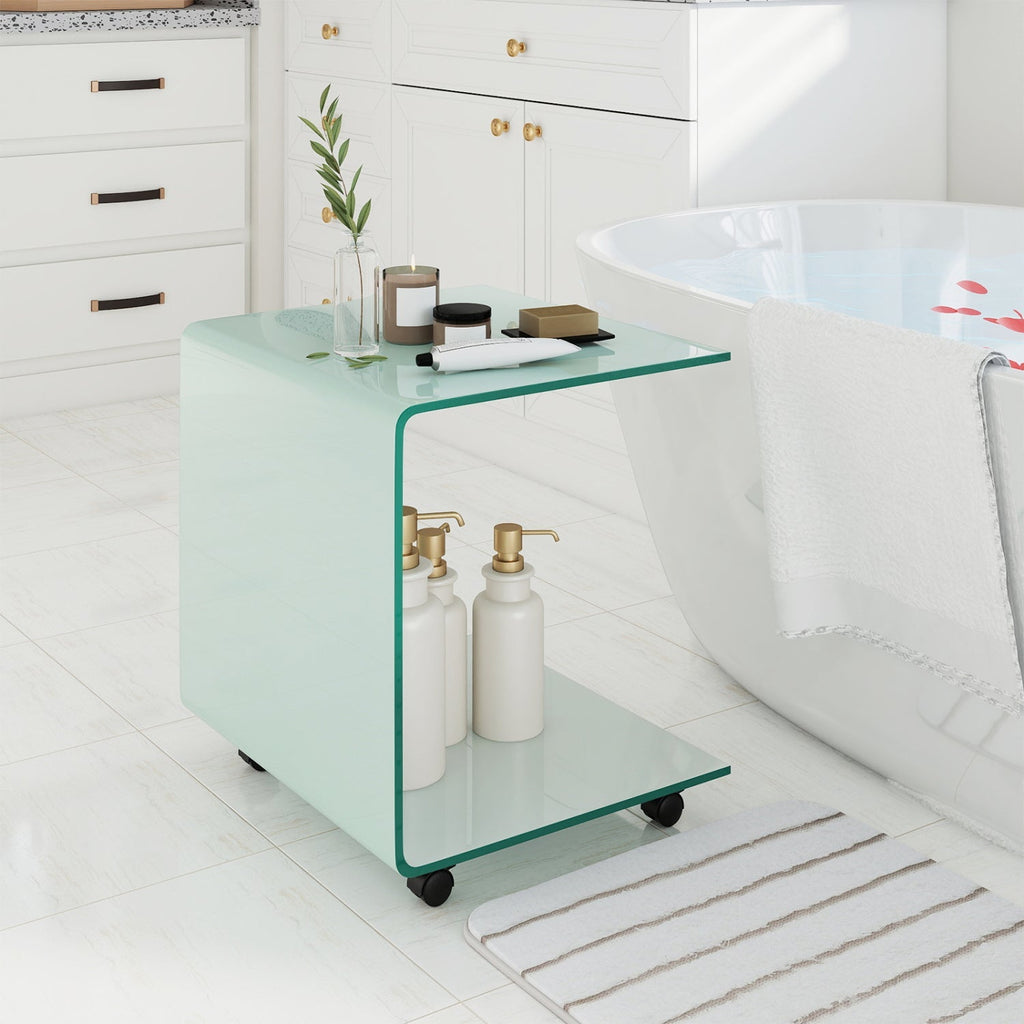 C-Shaped End Table Modern Tempered Glass Side Table with Shelf