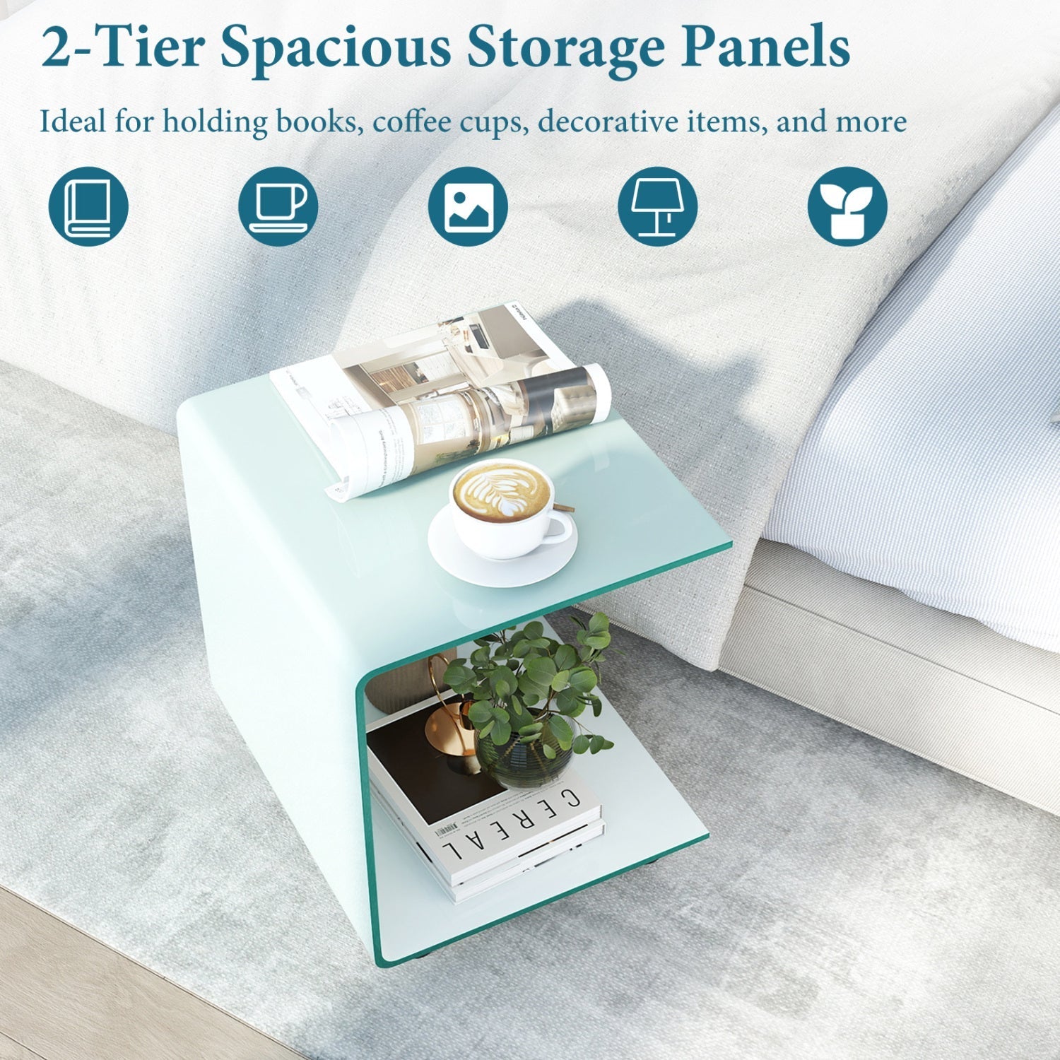 C-Shaped End Table Modern Tempered Glass Side Table with Shelf
