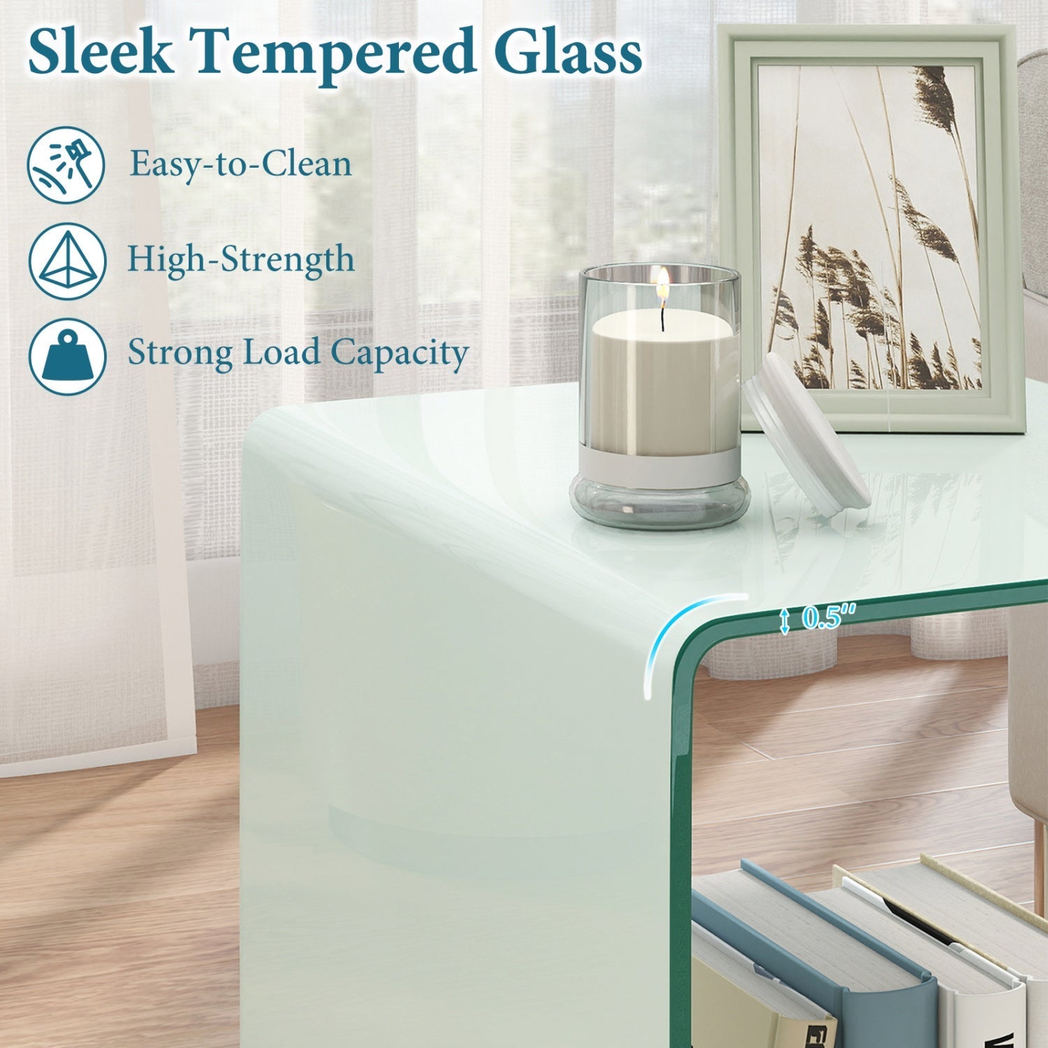 C-Shaped End Table Modern Tempered Glass Side Table with Shelf