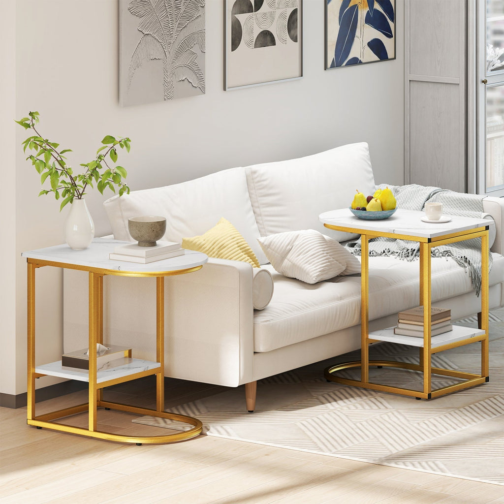 C-Shaped Side Table with Faux Marble Top and Storage Shelf