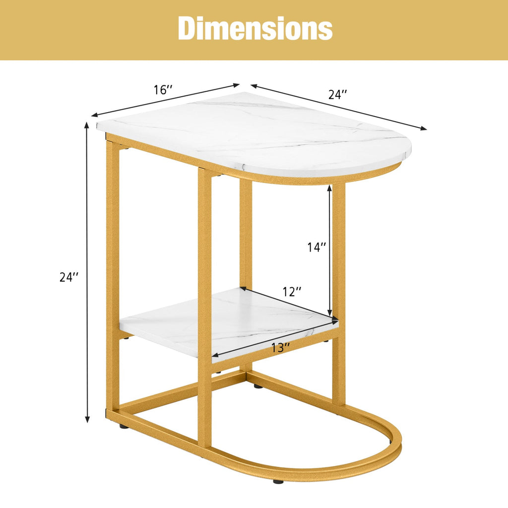 C-Shaped Side Table with Faux Marble Top and Storage Shelf