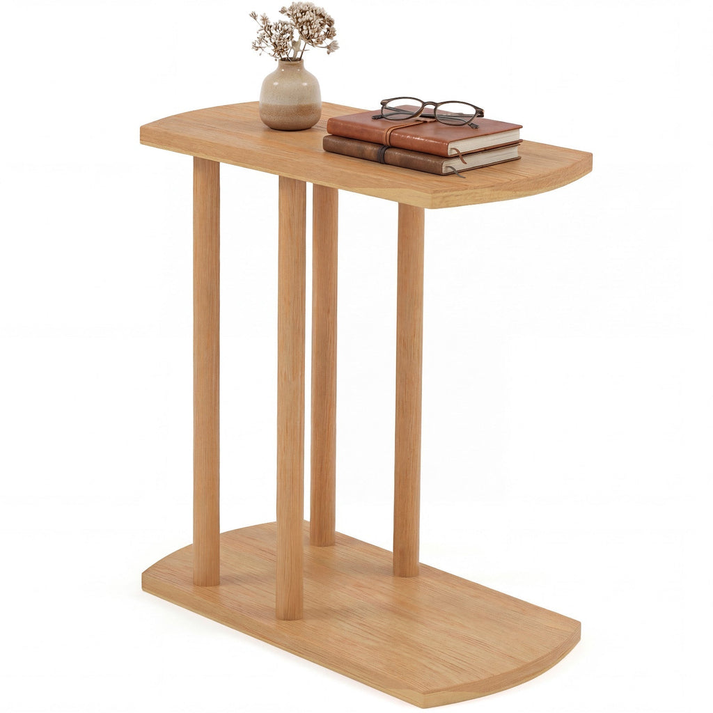 Narrow 2-Tier C-shaped Teak Wood Side Table with Thickened Top and Sturdy Base