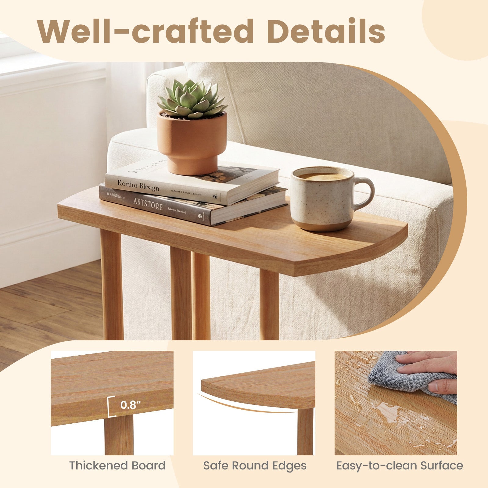Narrow 2-Tier C-shaped Teak Wood Side Table with Thickened Top and Sturdy Base