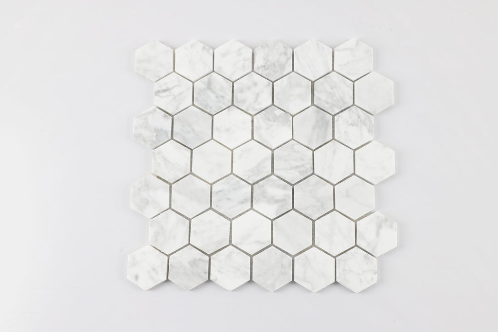 Calacatta White Hexagon Polished Marble Mosaic Tile – 12" x 12"