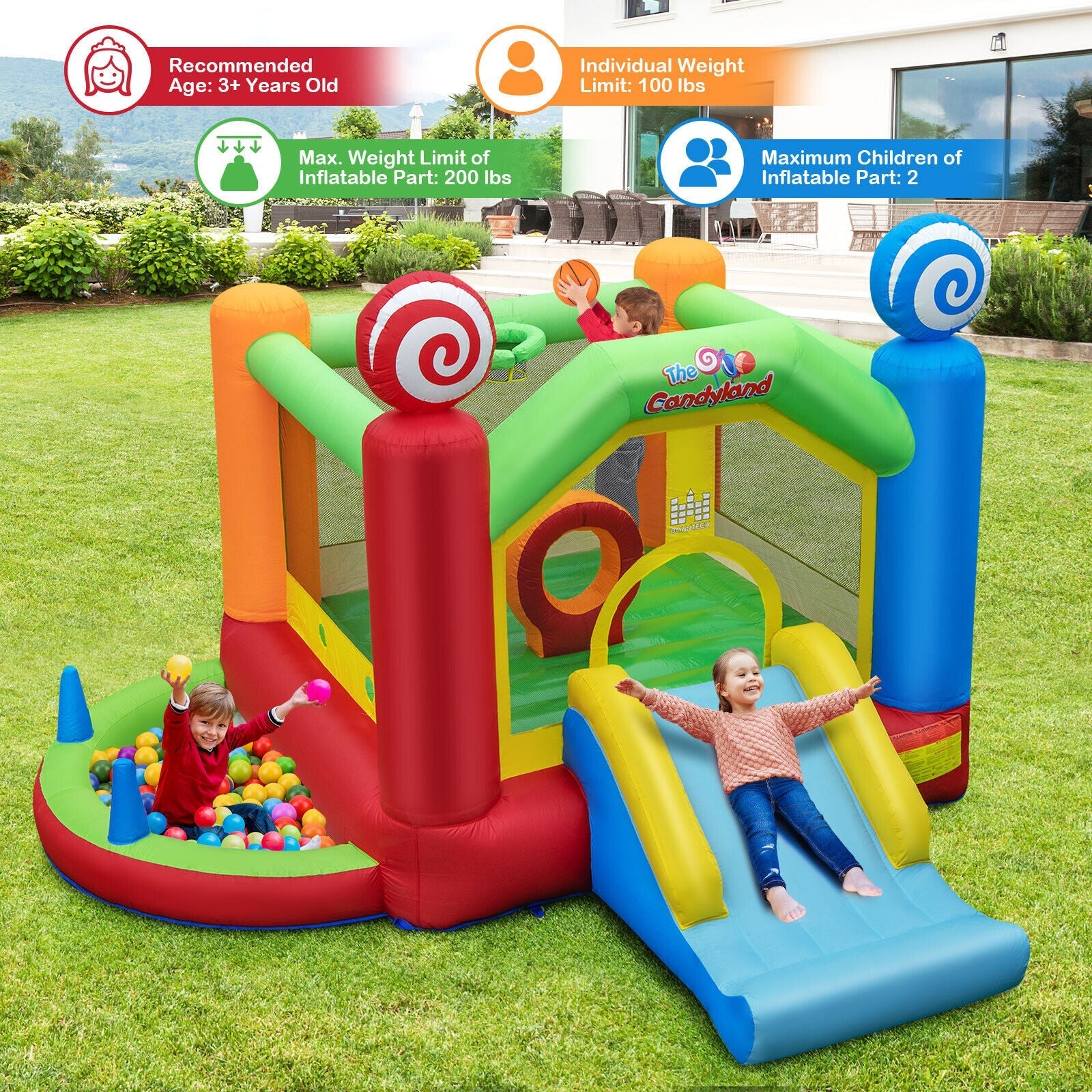Candy Land Theme Kids Inflatable Bounce House with 735W Air Blower