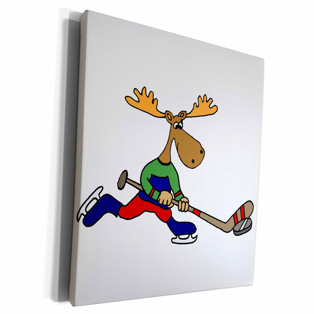 3dRose Funny Cute Moose Playing Ice Hockey Cartoon - Museum Grade Canvas Wrap (cw_263841)