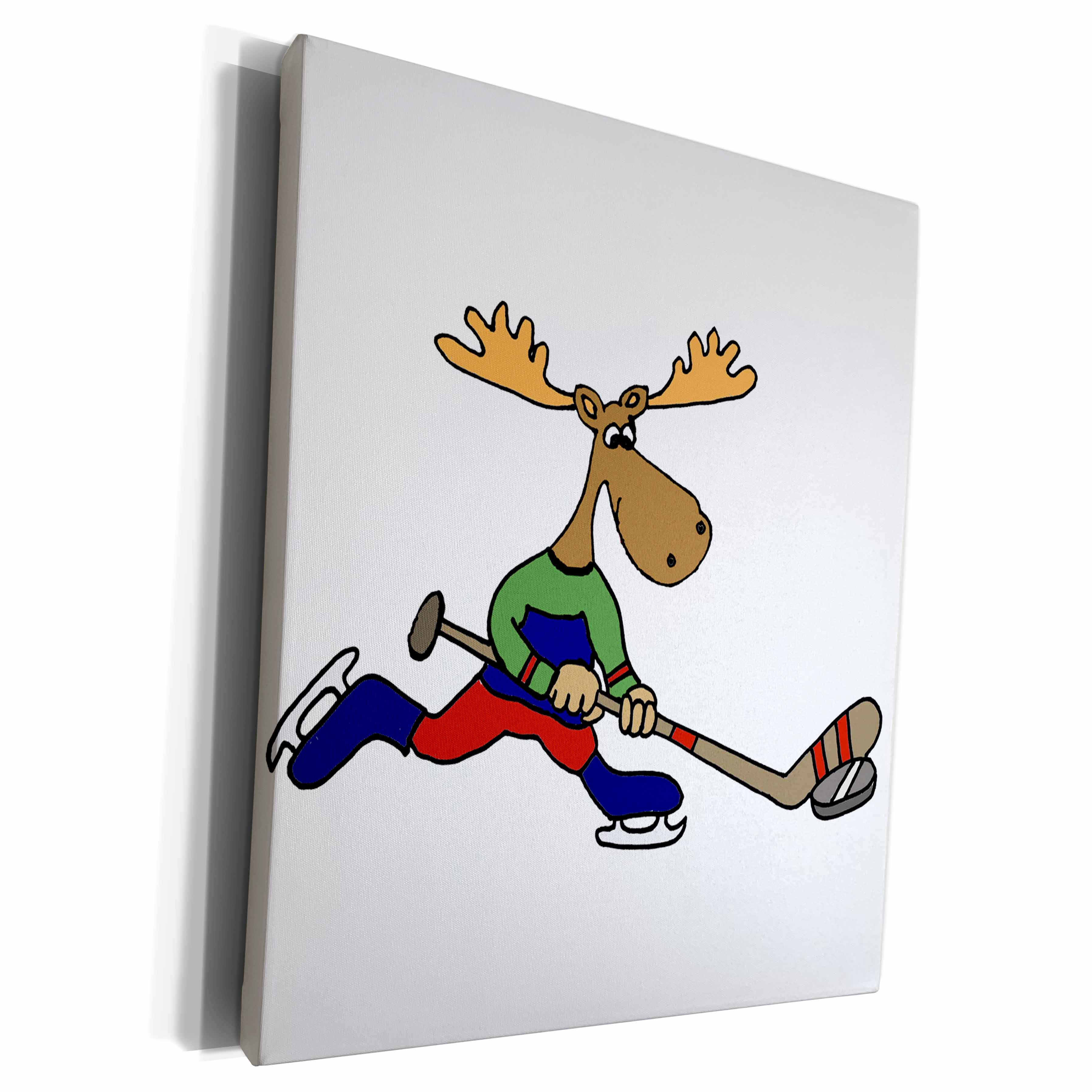 3dRose Funny Cute Moose Playing Ice Hockey Cartoon - Museum Grade Canvas Wrap (cw_263841)
