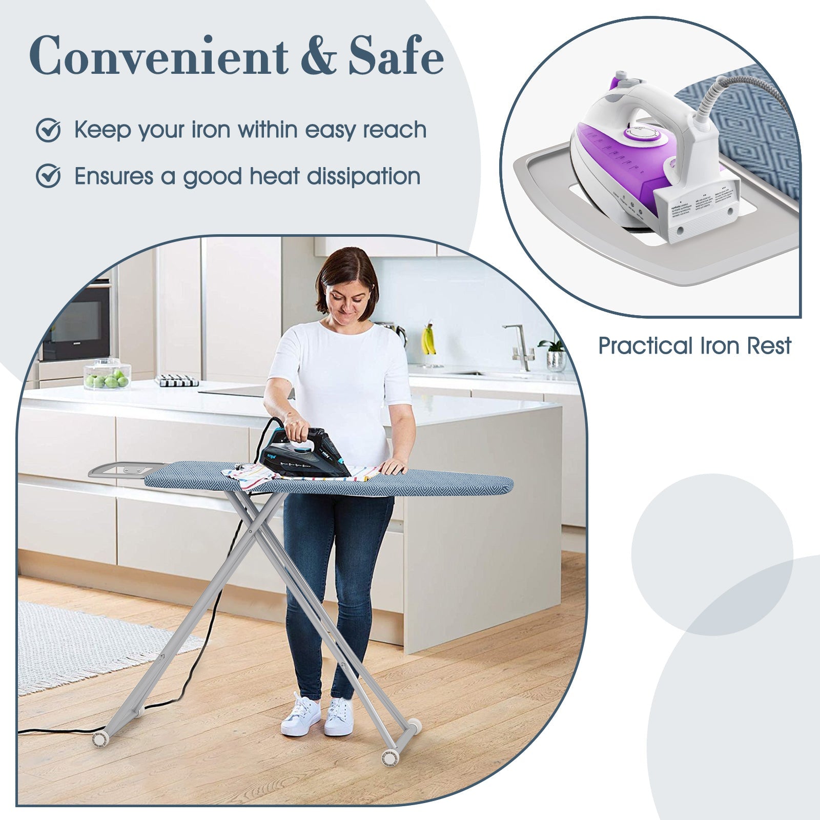 57" x 16.5" Carbon Steel Ironing Table with Iron Rest and 7-Level Height-Blue