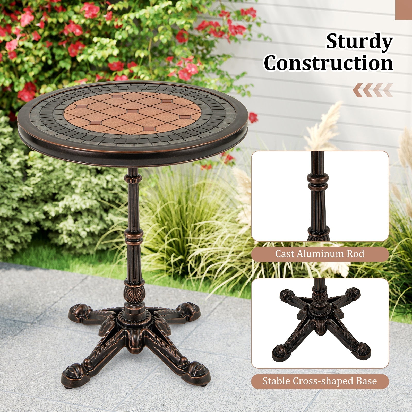 24" Round Patio Dining Table Weather-resistant Cast Aluminum Table-Bronze