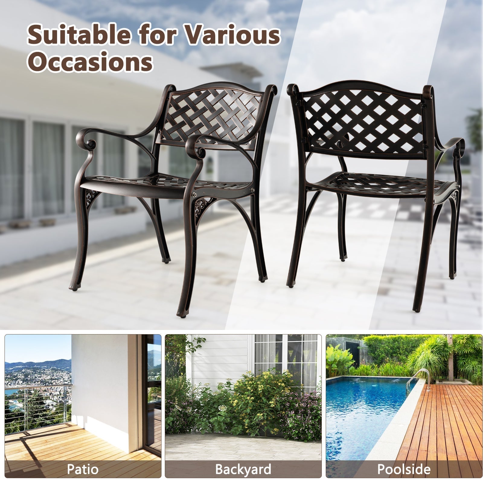 Cast Aluminum Patio Chairs Set of 2 Dining Chairs with Armrests Diamond Pattern-Bronze