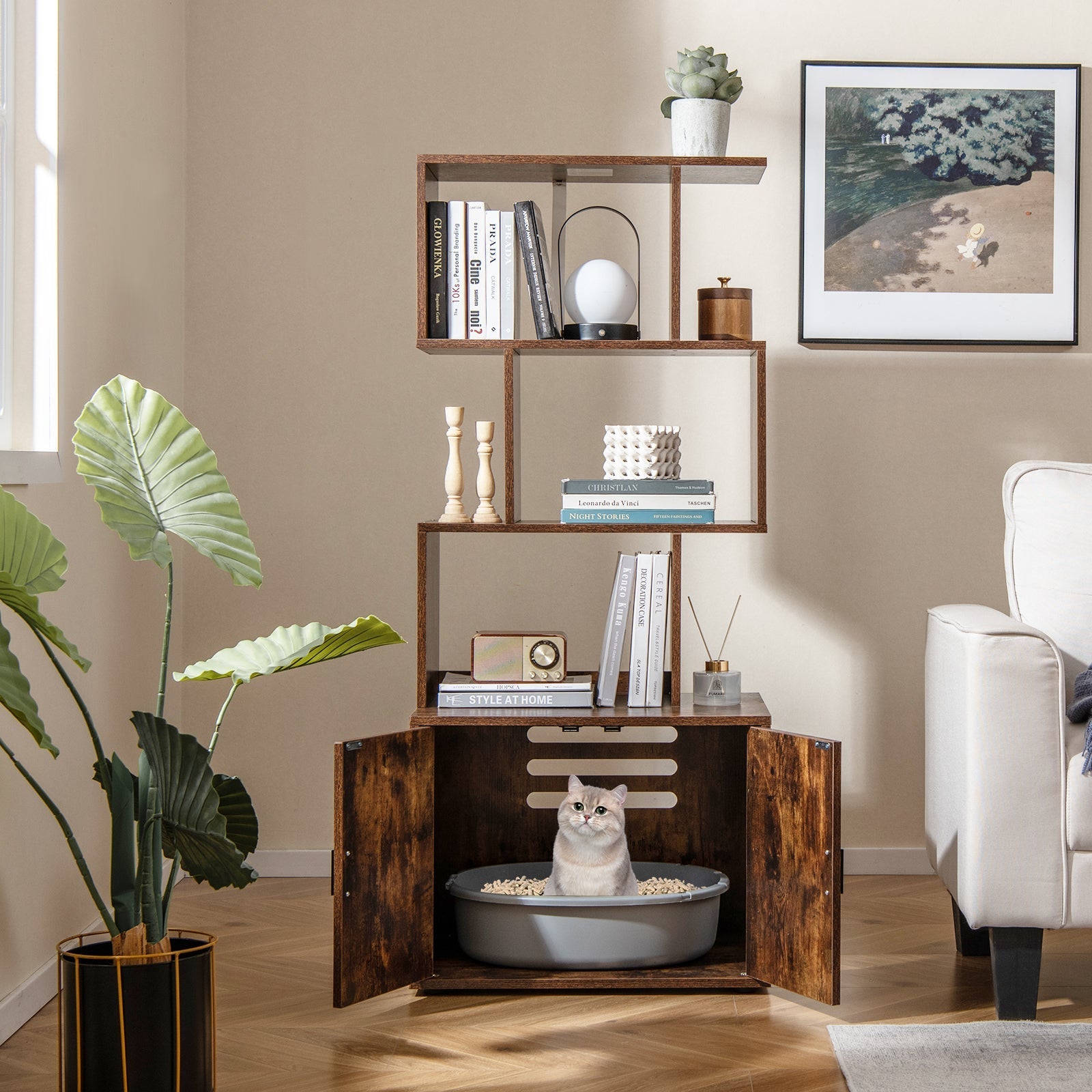56 Inch Tall Cat Litter Box Enclosure with Storage