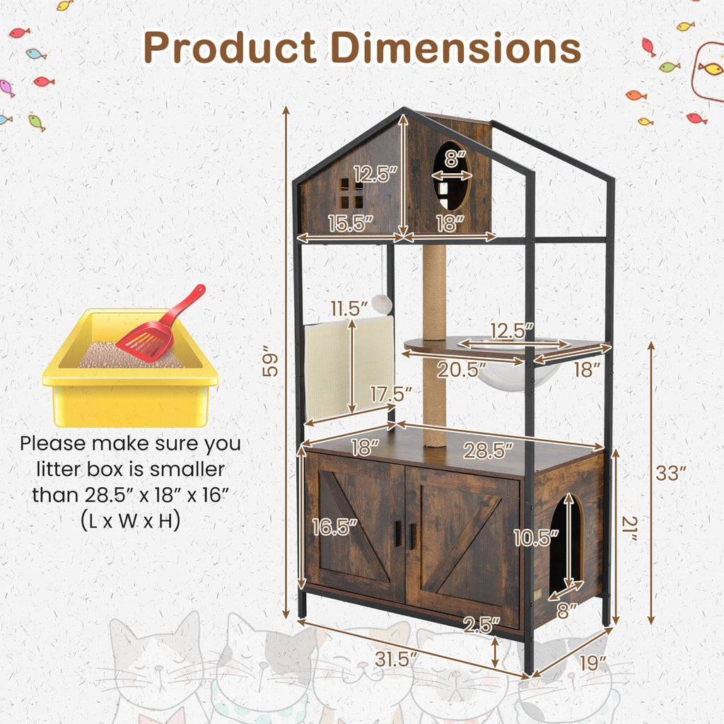 Cat Tree with Litter Box Enclosure Industrial Cat Tower Multi-level Cat Condo Furniture for Indoor Cats-Rustic Brown