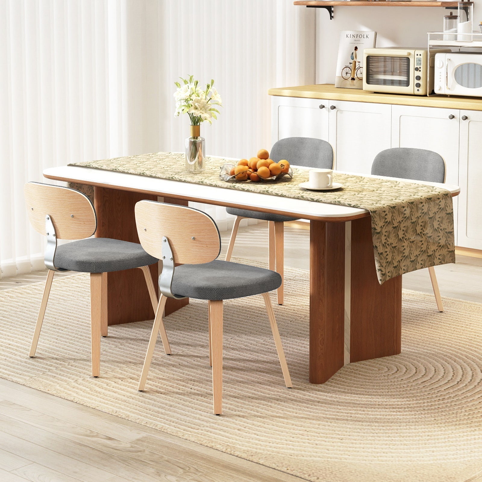 Chenille Fabric Upholstered Wooden Kitchen Chairs Set of 4