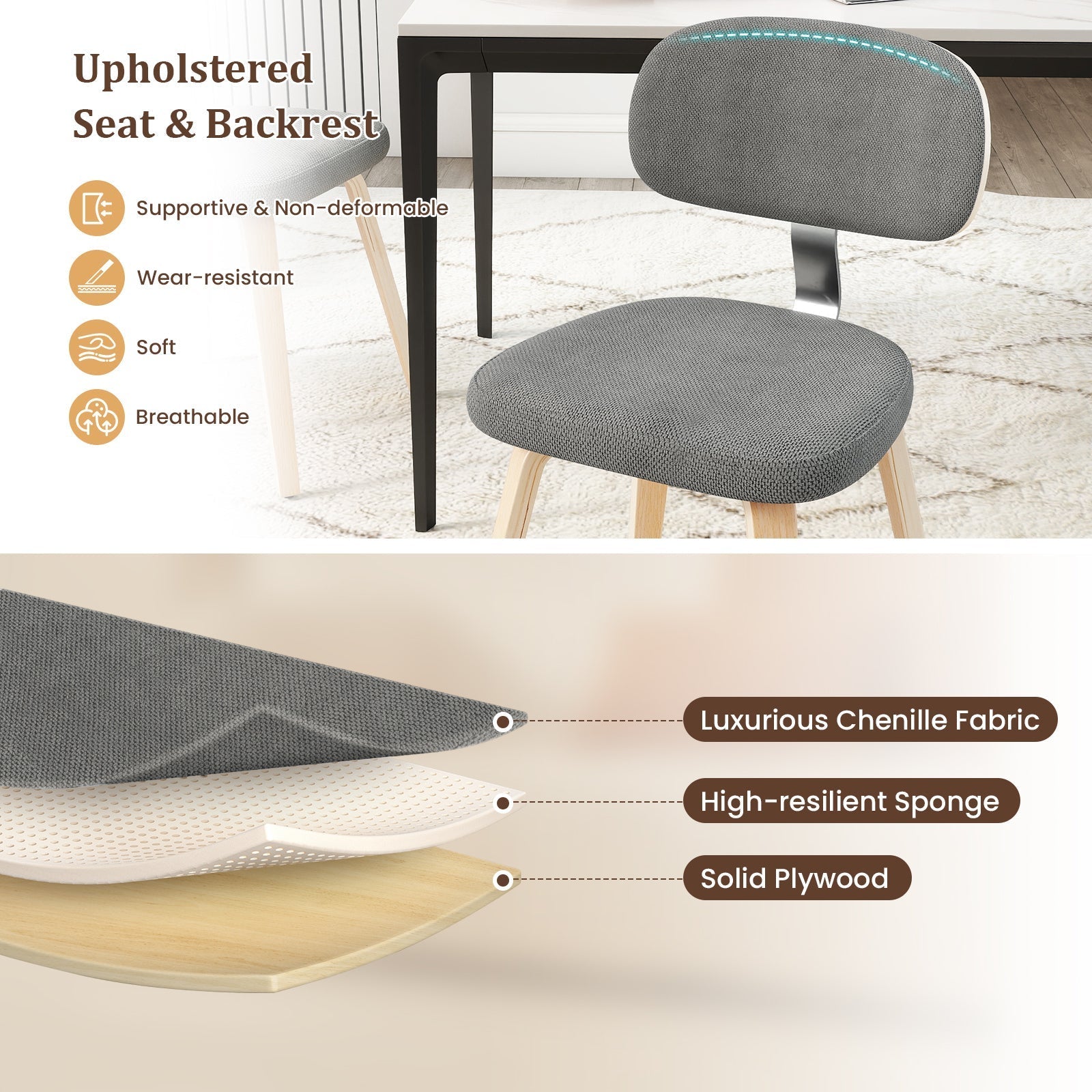 Chenille Fabric Upholstered Wooden Kitchen Chairs Set of 4
