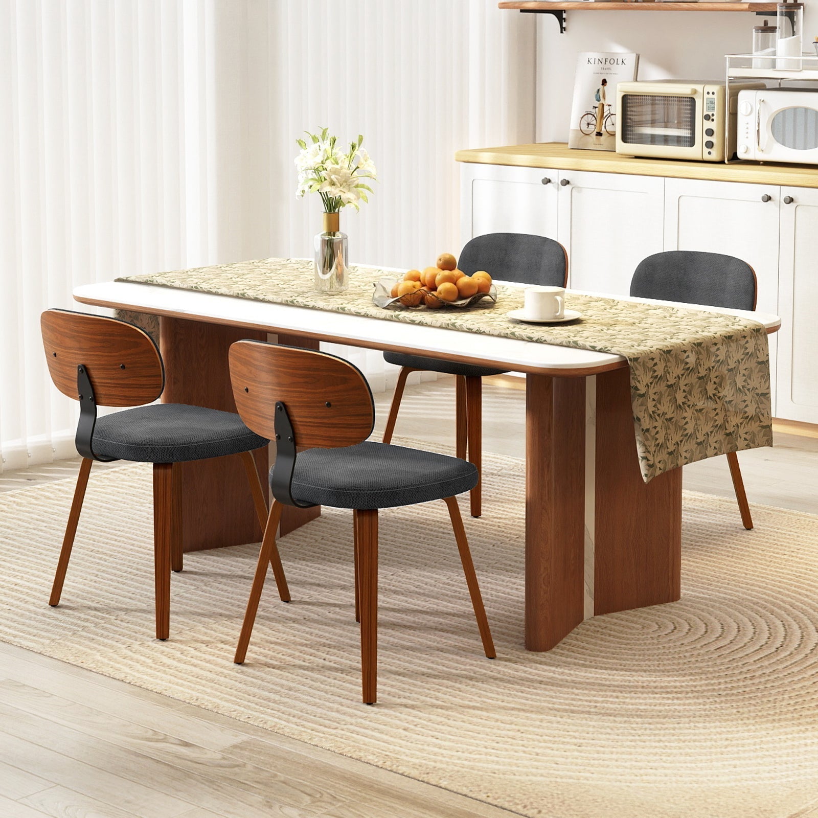 Chenille Fabric Upholstered Wooden Kitchen Chairs Set of 4