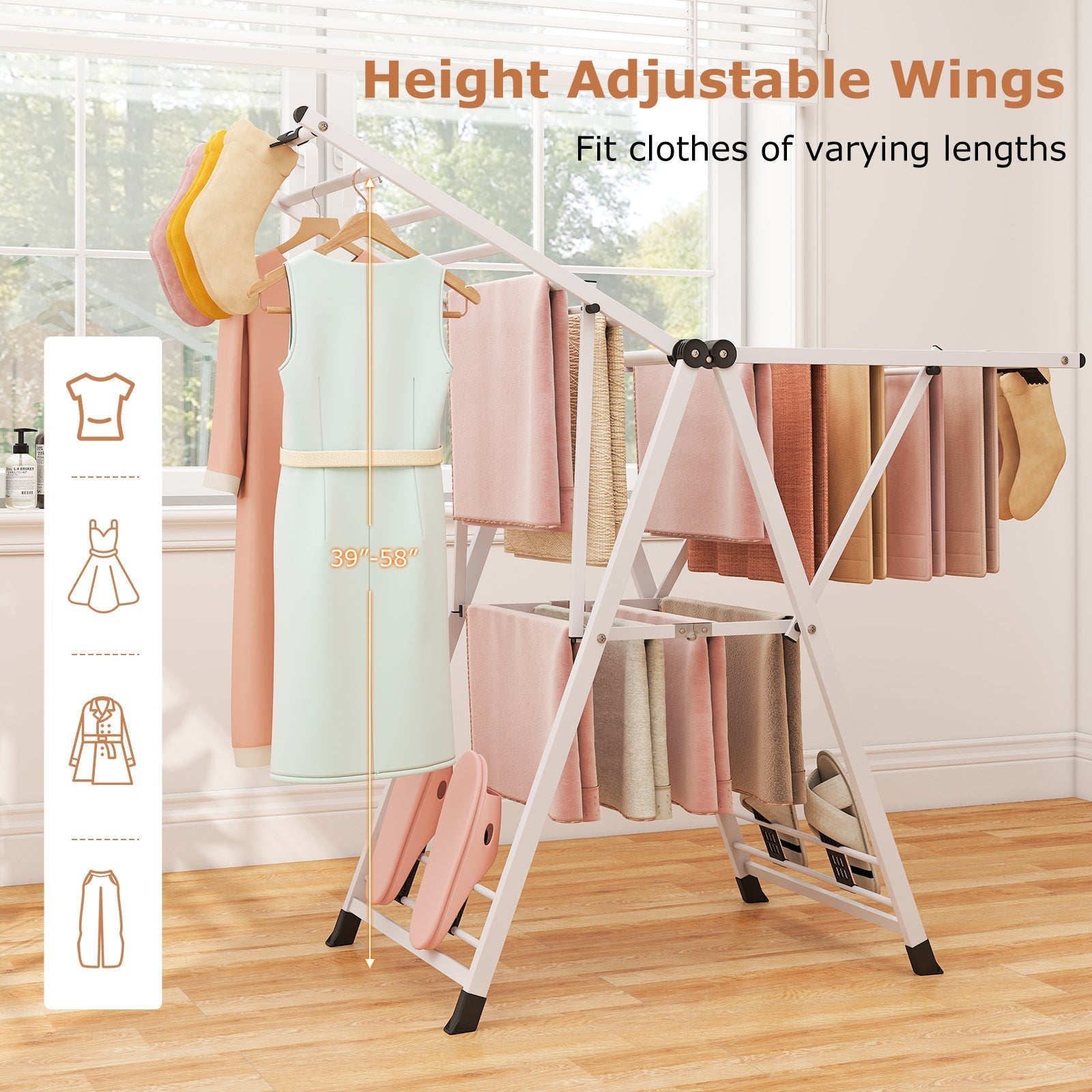 Clothes Drying Rack with Height Adjustable Wings