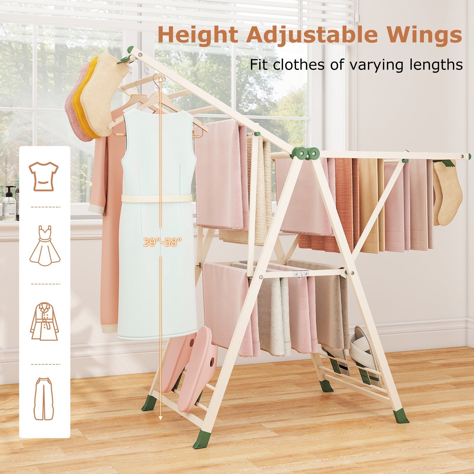 Clothes Drying Rack with Height Adjustable Wings