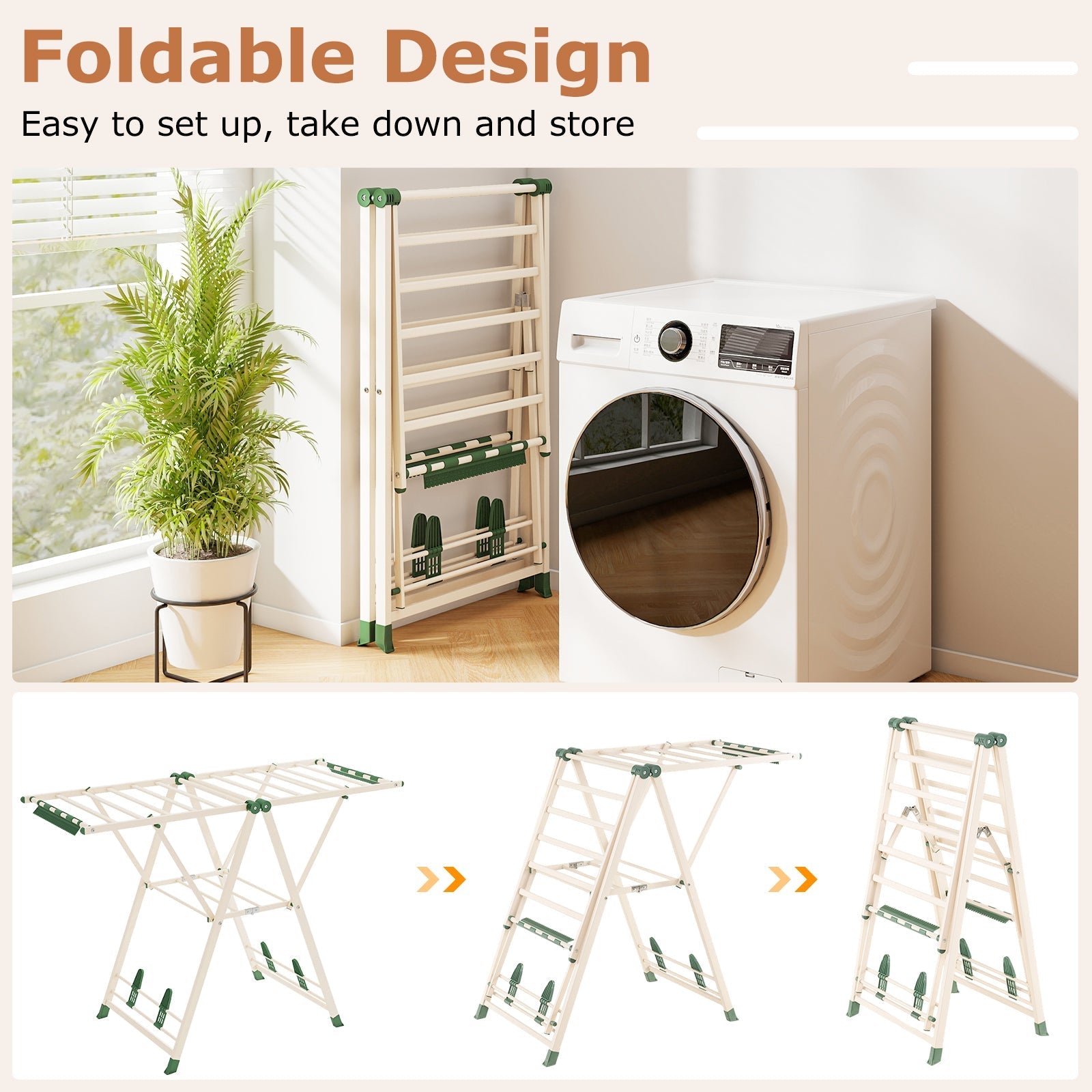 Clothes Drying Rack with Height Adjustable Wings