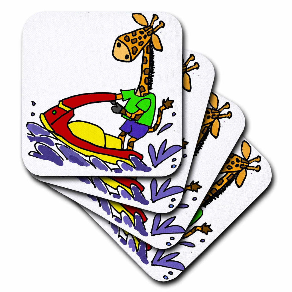3dRose All Smiles Art Sports and Hobbies - Cute Funny Giraffe Jet Skiing Beach Cartoon - Coasters
