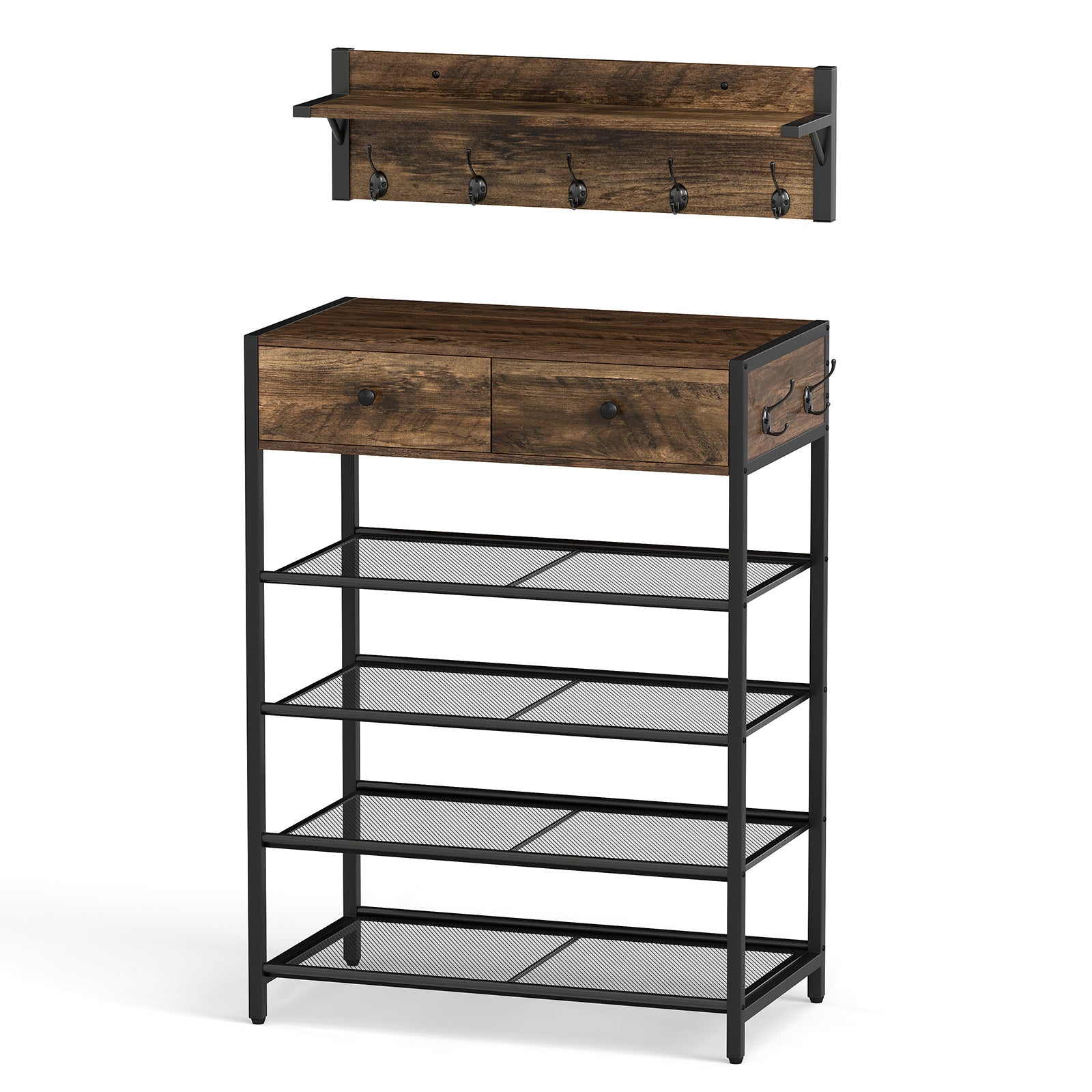 Coat Rack Shoe Stand Set 5-Tier Shoe Rack with Wall-Mounted Coat Hanger-Brown