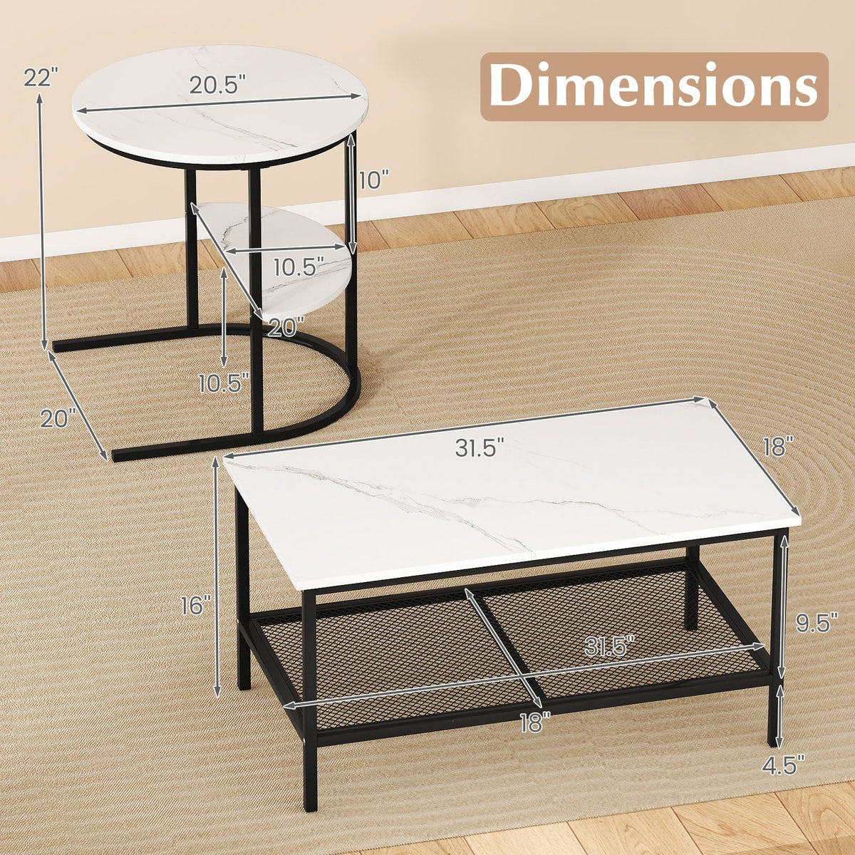 Coffee Table 2-Tier Rectangle Coffee Table and Side End Table with Storage Shelves