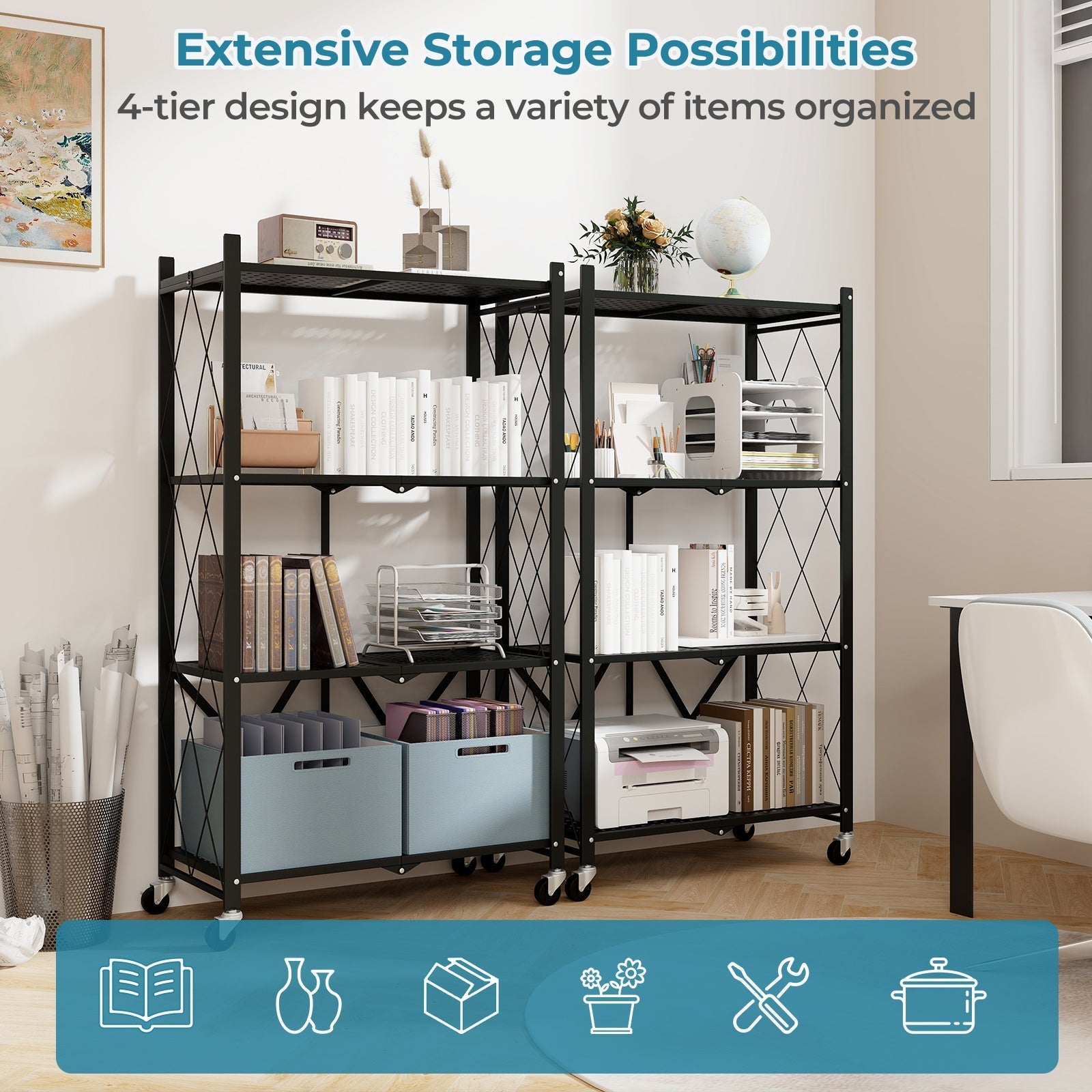 4-Tier Foldable Storage Shelf Collapsible Storage Rack with Lockable Wheels-Black