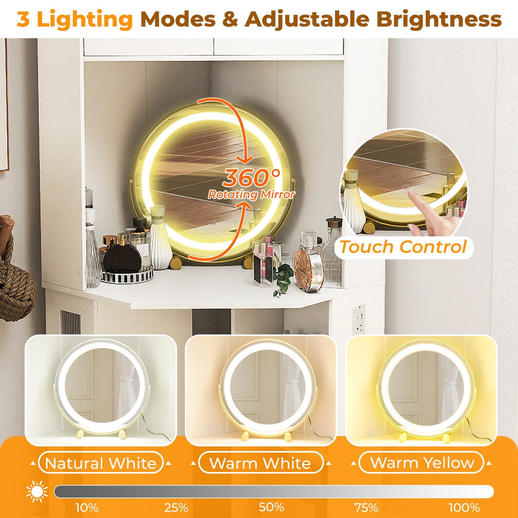 Compact Dressing Corner Vanity Desk with Mirror and Lights-White