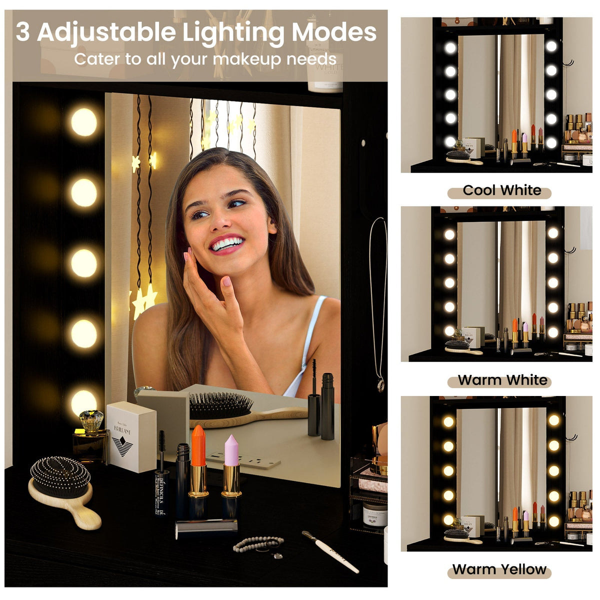 Compact Vanity Desk Set with 3-Color Lighted Mirror and Power Outlets