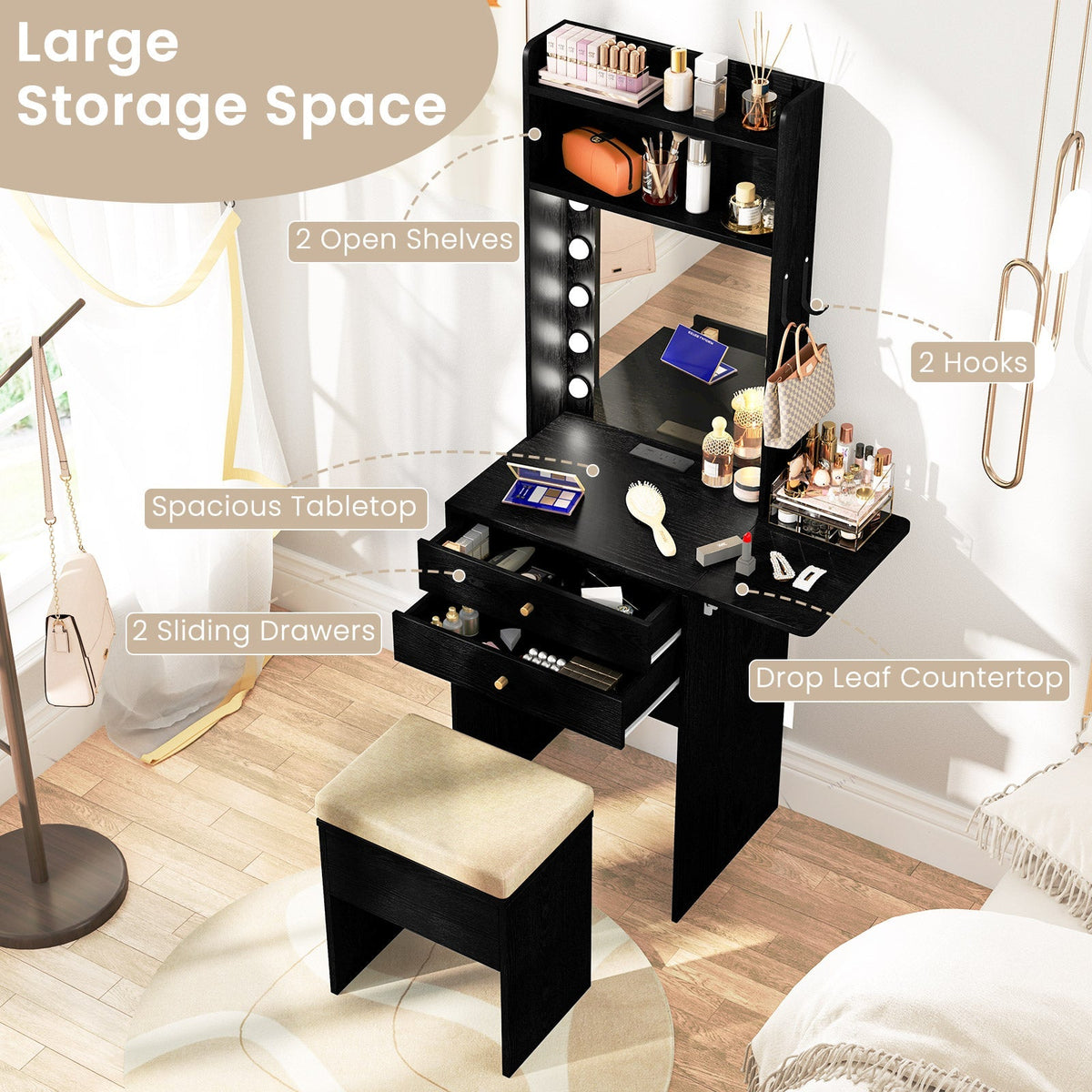Compact Vanity Desk Set with 3-Color Lighted Mirror and Power Outlets