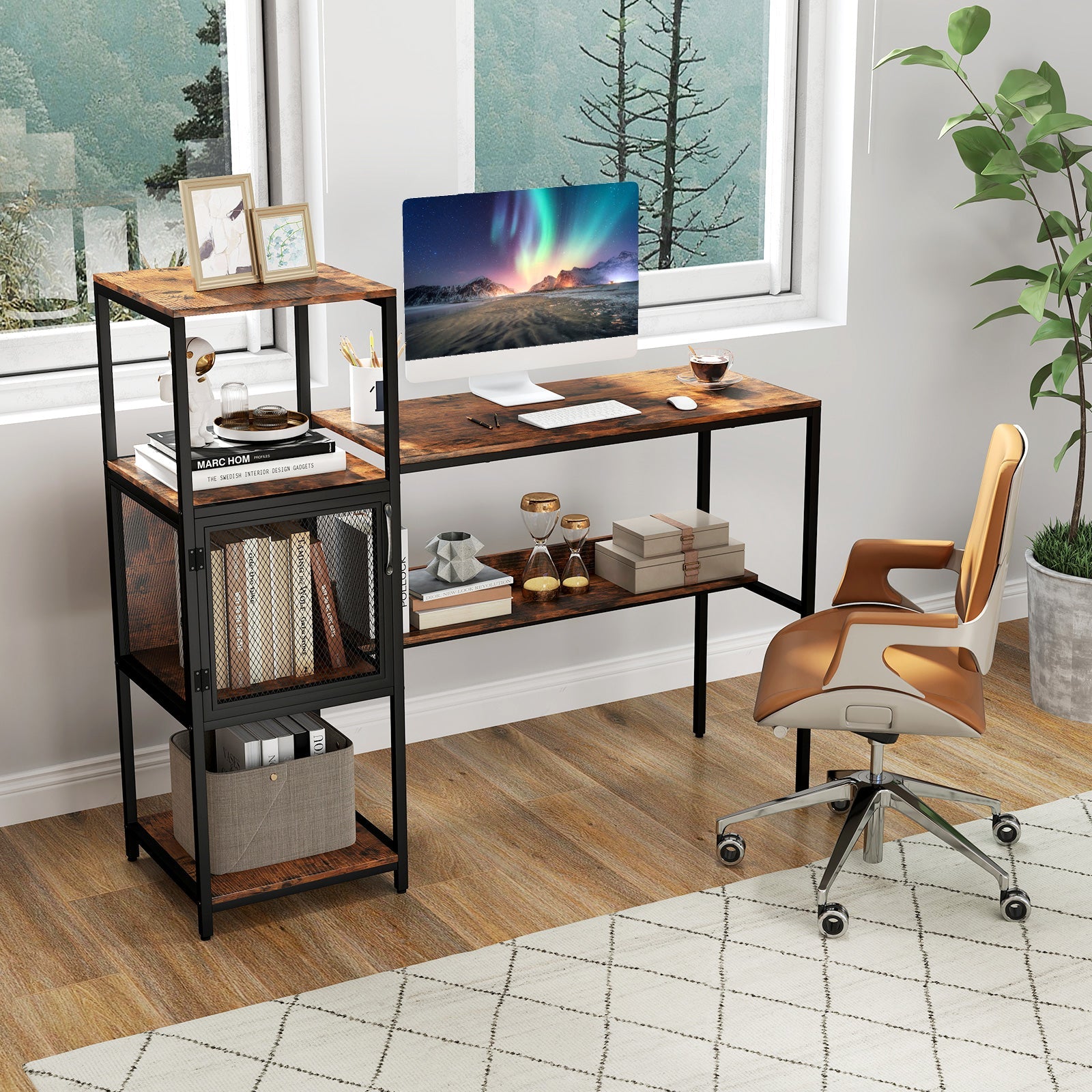 Computer Desk with Bookshelf Home Office Desk with Storage Cabinet and Shelves-Rustic Brown