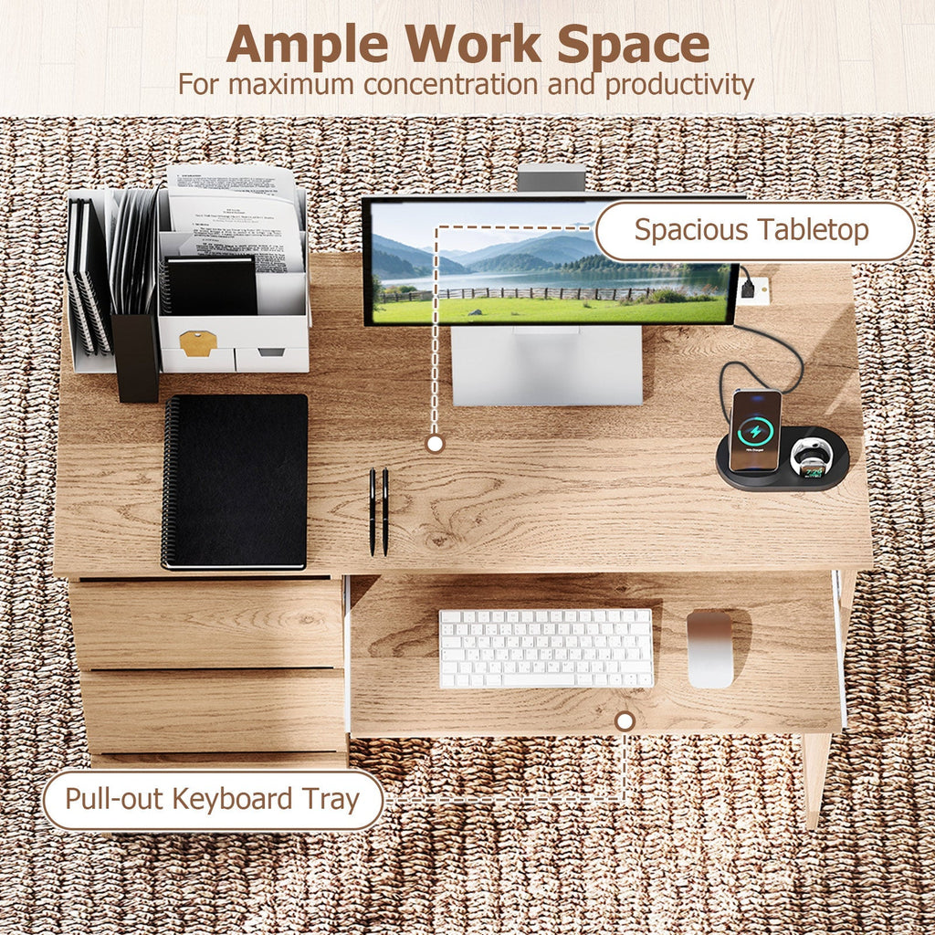 Computer Desk with Power Outlet Keyboard Tray and 3 Large Drawers