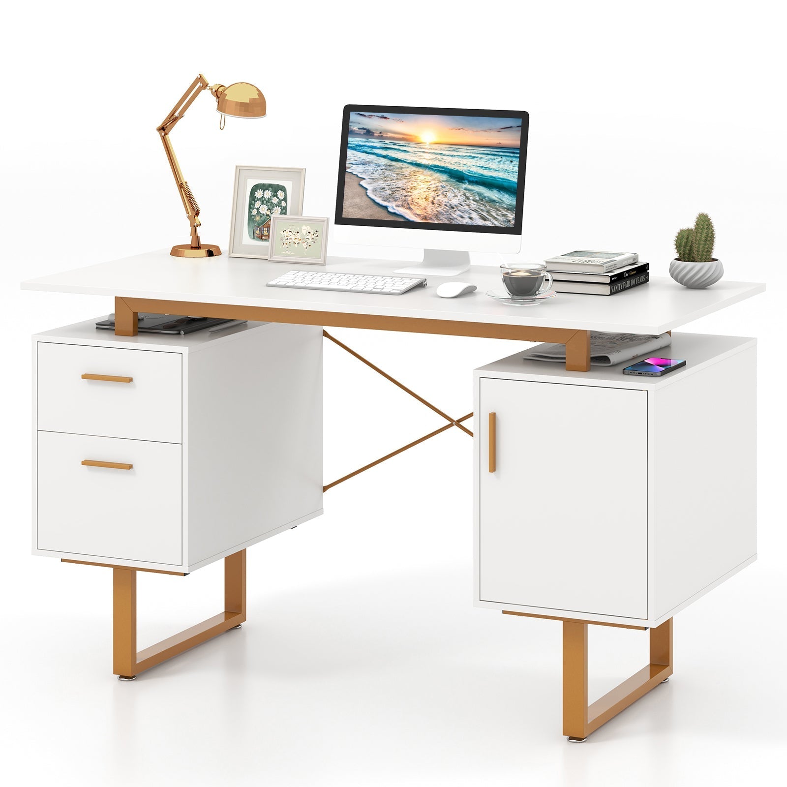 51 Inch Computer Desk with Floating Desktop and Dual Drawers-White