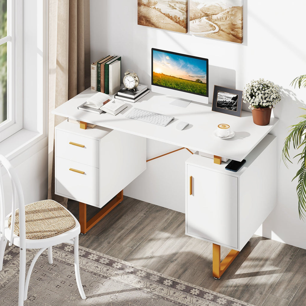 51 Inch Computer Desk with Floating Desktop and Dual Drawers-White