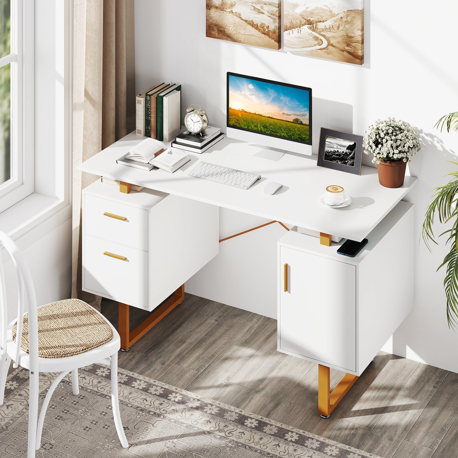 51 Inch Computer Desk with Floating Desktop and Dual Drawers-White