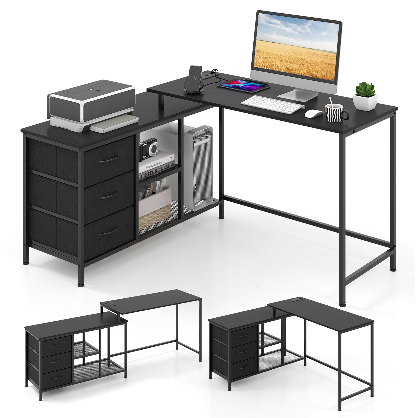 L-shaped Computer Desk with Power Outlet for Working Studying Gaming