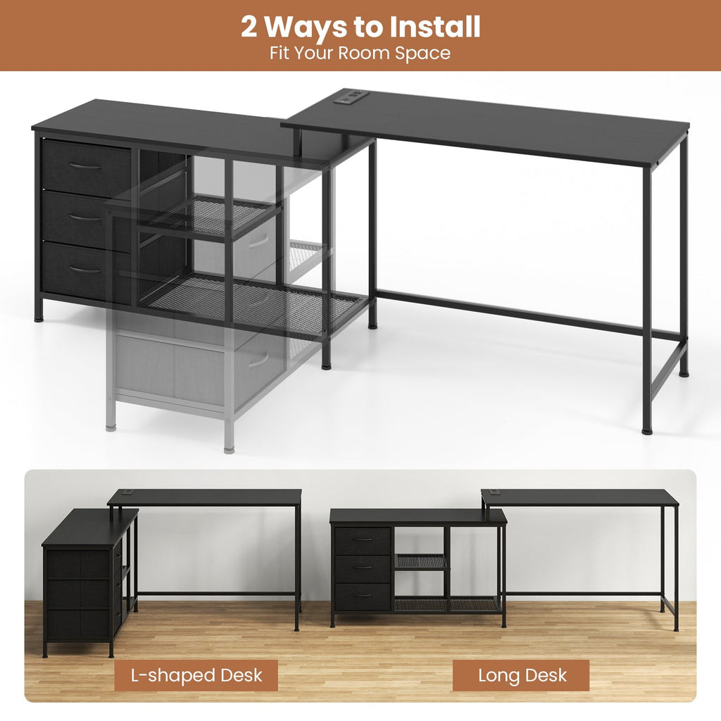 L-shaped Computer Desk with Power Outlet for Working Studying Gaming