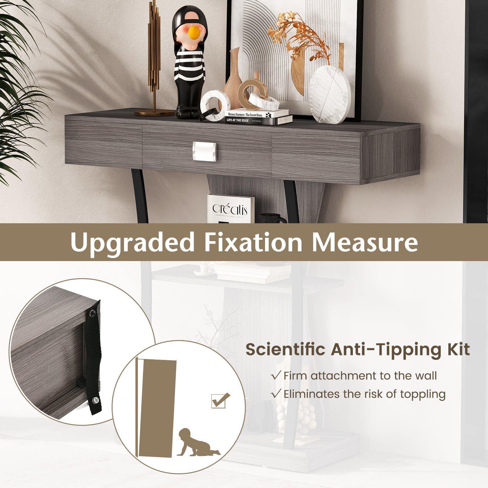 Console Table with Drawer and 2-Tier Shelves for Entryway Living Room