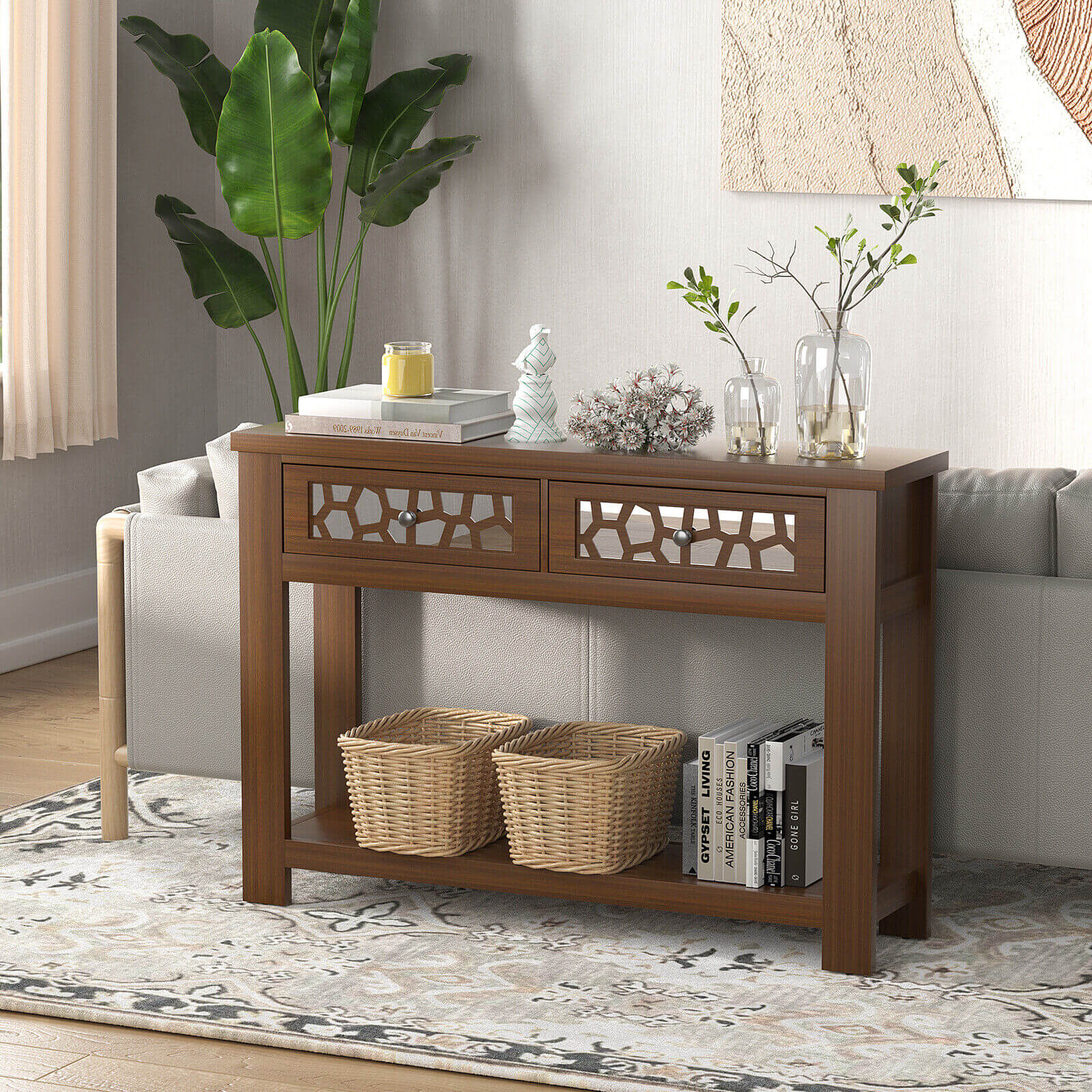2-Tier Console Table with Drawers and Open Storage Shelf