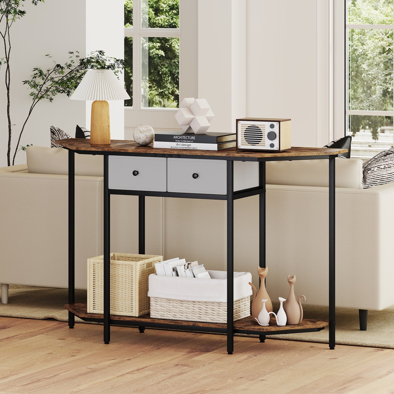 Console Table with 2 Drawers and Open Storage Shelf-Rustic Brown