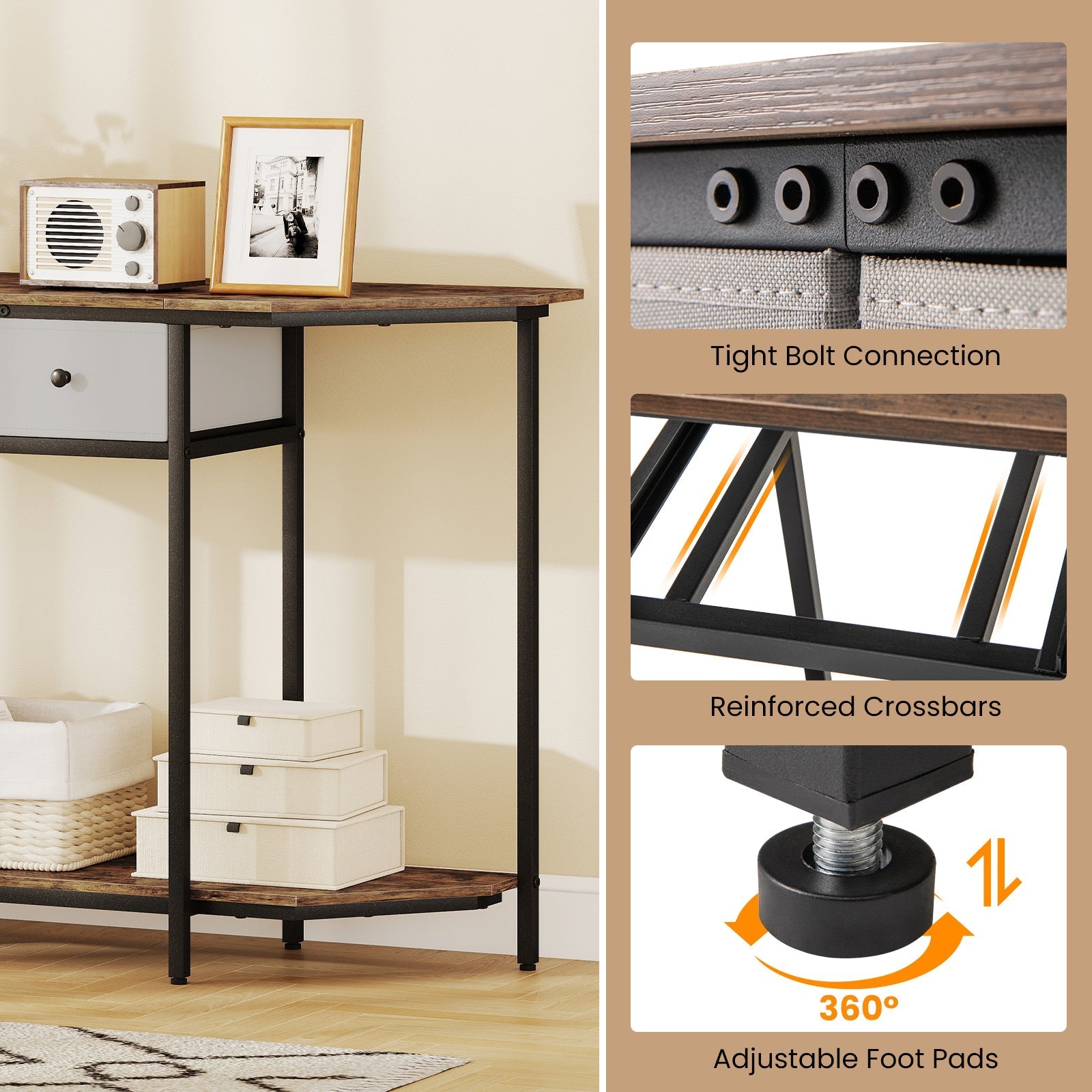 Console Table with 2 Drawers and Open Storage Shelf-Rustic Brown